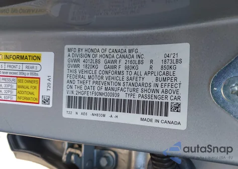 2022 Honda Civic Touring z USA, uszkodzony, nr VIN 2HGFE1F90NH300939